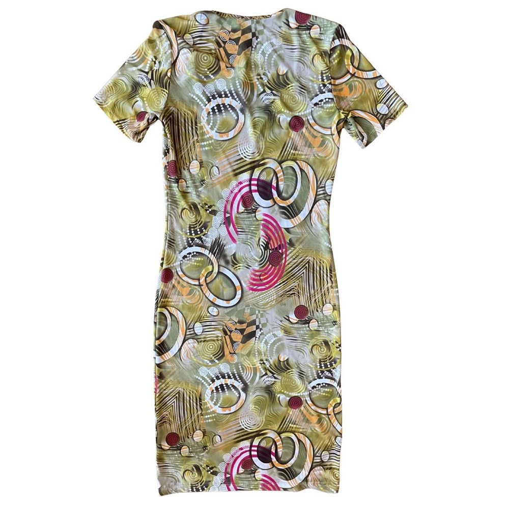 Dolce Dolce Olive Green Abstract Midi Dress with Pink & Brown Accents